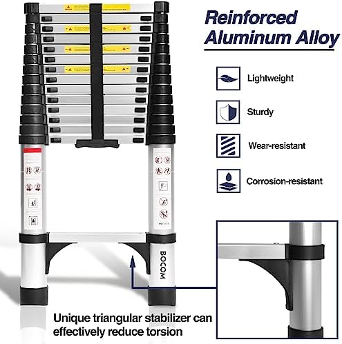 BOCOM 14.5 FT Aluminum Telescoping Ladder, Lightweight Multi-Purpose Collapsible Extension with 2 Triangle Stabilizers, Heavy Duty 330 lbs Max Capacity, Ideal for Home, RV, and Outdoor Work Silver
