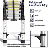 BOCOM 14.5 FT Aluminum Telescoping Ladder, Lightweight Multi-Purpose Collapsible Extension with 2 Triangle Stabilizers, Heavy Duty 330 lbs Max Capacity, Ideal for Home, RV, and Outdoor Work Silver