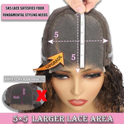 5×5 Closure Bob Wig Human Hair Glueless Wigs Human Hair Pre Plucked Pre Cut Short Curly Human Hair Wig Water Wave C Part Balayage Ombre Lace Frontal Human Hair Wigs for Black Women P1B/30 12 Inch