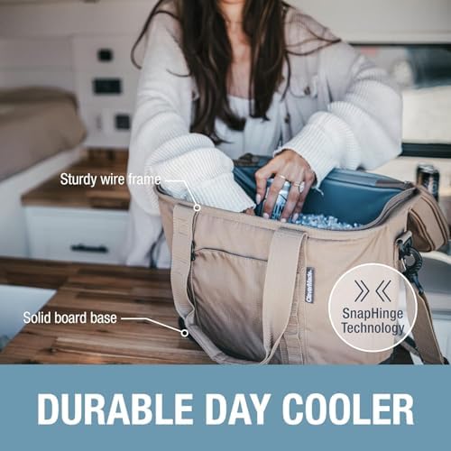 CleverMade Collapsible Cooler Bag, 50 Can Beach & Travel Car Cooler, Folding Soft Cooler, Shoulder Strap, Bottle Opener, Great Car Coolers for Travel, Leak Proof Cooler Bag [Cool Gray/Cognac]
