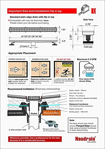 Neodrain 24-Inch Linear Shower Drain with Tile Insert Grate,Brushed 304 Stainless Steel Rectangle Shower Floor Drain, Linear Drain with Leveling Feet, Hair Strainer