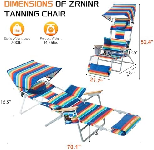 Oversized Heavy Duty Backpack Beach Chair with Sun Canopy, Reclining Lounge Chair Tanning Chair with Face Hole, 5-Position Foldable Camping Chair for Outdoor Sunbathing Beach Patio Pool (Multi Color)