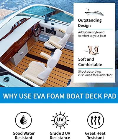 OCEANBROAD EVA Foam Boat Flooring with 3M Adhesive Backing Marine Self-Adhesive Decking 96''x45.6''/36''/28.8''/16.8'', 48''x16.8'' Faux Teak Sheet for Jon Boats Swim Platform Helm Pad RV Floor