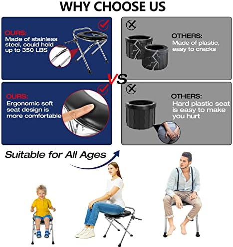 Upgraded Heavy Duty Stainless Steel Portable Toilet for Camping, Sturdy 350LBS Camp Toilet Portable, Portable Camping Toilet with Soft Seat/Toilet Bags, Black Folding Toilet for Hiking, Travel