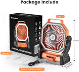Odoland Camping Fan with LED Lantern, 20000mAh Rechargeable Battery Operated Fan, Portable Outdoor Light with Rotation Hook for Picnic Power Outage Hurricane Emergency Home Patio, Orange