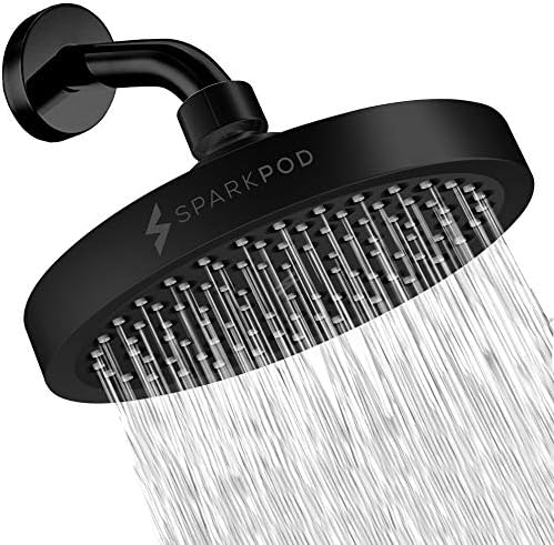 SparkPod Shower Head - High Pressure Rain - Premium Quality Luxury Design - 1-Min Install - Easy Clean Adjustable Replacement for Your Bathroom Shower Heads (Midnight Black Matte, 6 Inch Round)