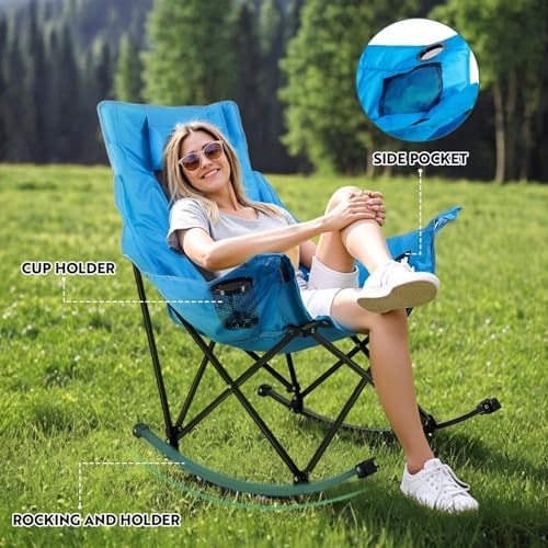 VITESSE Oversized Rocking Camping Chair, Luxury Padded Recliner,Oversized Folding Lawn Chair with Pocket and Carry Bag,Outdoor Camp Rocker Chairs for Adults Heavy Duty 300 LBS (Blue)