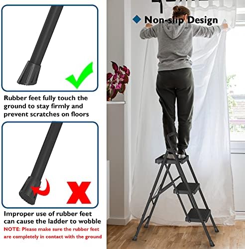 BONTEC 3-Step Ladder, Folding Step Stool, 600lbs Max Load Capacity, Sturdy Steel, Non-Slip Pedals, Lightweight, Portable Steel Ladder with Convenient Handrail, Safety Design for Home & Work, Black