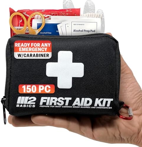 M2 BASICS All-Purpose 150 Piece First Aid Kit | Car, Travel, Home, Hiking, Camping, Survival | Small Emergency Kit, Medical Kit