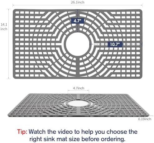 Silicone Sink Protector 26"x14" Center Drain Hole, Heat Resistant Non-slip Dishwasher Suitable, Large Mat for Bottom of Farmhouse Kitchen Stainless Steel Sink(Grey)