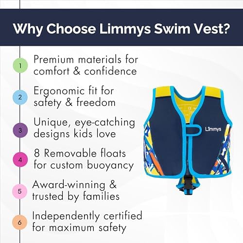 Limmys Premium Kids Swim Vest - Toddler Swim Jacket and Buoyancy Swimming Aid - Modern Design Swimming Vest for Boys, Girls and Babies - Drawstring Bag Included