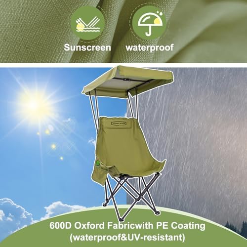 YOUNG WOOD Portable Camping Chair Beach Chair with Shade Canopy, Fold Lightweight Oversized for All, Easy to Open and Close Without Installation, Side Pocket Design for All Outdoor Activities, Green