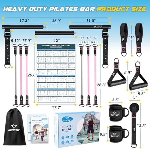 Pilates Bar Kit with Resistance Bands, Multifunctional Yoga Pilates Bar with Heavy-Duty Metal Adjustment Buckle, Portable Home Gym Pilates Resistance Bar Kit for Women Full Body Workouts