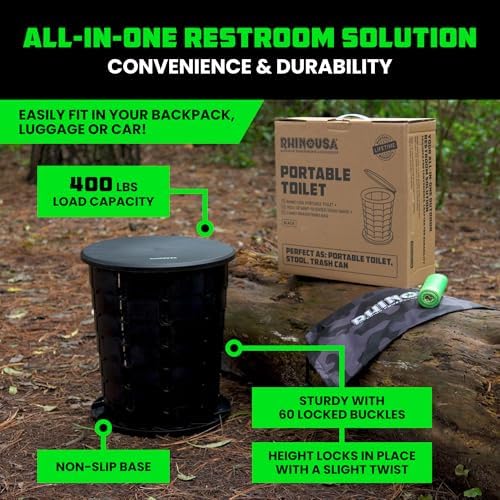 Rhino USA XL Portable Toilet for Camping (400lbs Capacity) Retractable Portable Toilet for Adults & Kids with Adjustable Height (4-16 Inches) Collapsible Portable Potty Camping Toilet for Camp/Car
