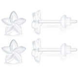 MRI Safe Clear Plastic Earrings for Surgery & Sports, Hypoallergenic Medical Grade Earrings for Sensitive Ears, 20G Silicone Retainer Studs for Women Men - 6 Pairs (Plumeria Flower Design)
