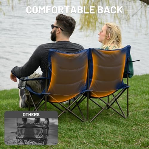 Timber Ridge 2 Person Folding Loveseat Comfortable Double Foldable Camping Chair Folding Lawn Chairs for Outside, Blue