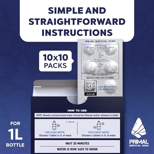Water Purifier Tablets –Water Purification Tablets for Emergency Water - Hiking, Camping, Survival, Emergency – Drinking Water Filtration System Survival Tabs - Purificador De Agua - 1L - 100 Tablets