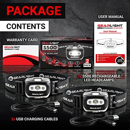 GearLight USB Rechargeable Headlamp Flashlight - S500 Running, Camping, and Outdoor LED Headlight Camping Headlamps - Head Lamp Light for Adults, Kids, Emergency Gear [2 Pack]
