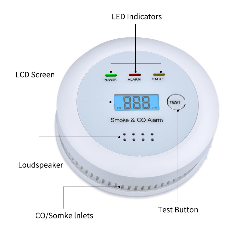 2 in1 Smoke Detector Carbon Monoxide Detector Combo,with LCD Digital Display and Sound Warning Test Button，Battery Powered，Easy Installation, for Home, Bedroom, Kitchen (1PACK)