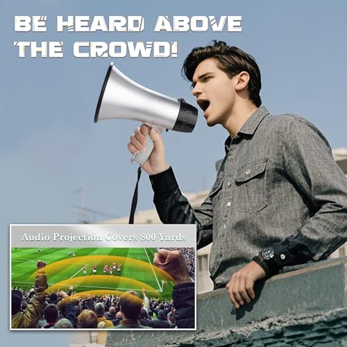MyMealivos Portable Megaphone Bullhorn 20 Watt Power Megaphone Speaker Voice and Siren/Alarm Modes with Volume Control and Strap (Silver)…