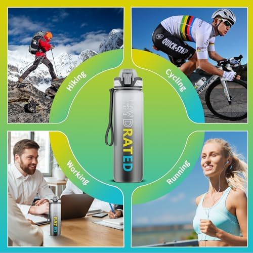 Water Bottle with Straw, 32oz Motivational Water Bottles with Time Marker to Drink, Tritan BPA Free, 1L Sports Water Bottle with Carry Strap LeakProof for Women Gym Fitness Outdoor (1 Pack)