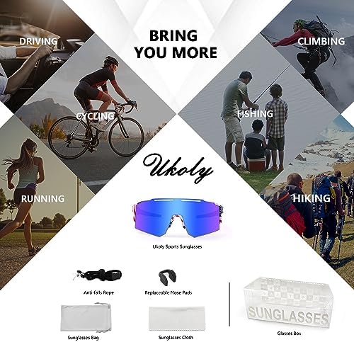 Ukoly Cycling Sunglasses for Men Women with 3 Interchangeable Lenses, Polarized Sports Sunglasses, Baseball Sunglasses