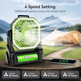 Portable Battery Powered Fan with 4 Lights, 20000mAh Battery Operated Fans with Remote, Outdoor Camping Fan Rechargeable, 4 Speed, 4 Timer for Picnic, Barbecue, Fishing, Home