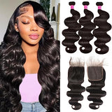 Body Wave Bundles with Closure Human Hair (16 18 20 +14) Brazilian Human Hair 3 Bundle with 4x4 HD Lace Closure Free Part 10A Grade 100% Unprocessed Virgin Hair Body Wave Bundles Natural Color