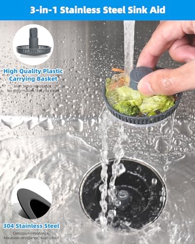 Hibbent 2 Pack 3 in 1 Kitchen Sink Drain Strainer and Stopper Combo, Stainless Steel Metal Pop Up Sink Stopper, Anti-Clogging Basket Strainer with Handle for US Standard 3-1/2 Inch Drain, Black