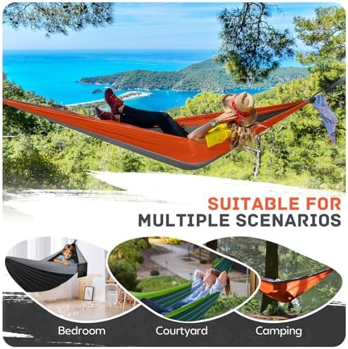 Camping Hammock Lightweight, Portable Hammocks Parachute Hammock with Two Tree Straps, Single or Double Travel Swing Nylon Camp Hammocks, Outdoor Essentials for Beach Backpacking Hiking, Orange