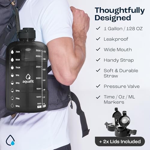 AQUAFIT 1 Gallon Water Bottle with Time Marker - Straw & Chug Lid - BPA Free Big Water Bottle with Straw - Gym Water Bottle with Handle - Gallon Water Jug (128 Ounces, Nebula 2)
