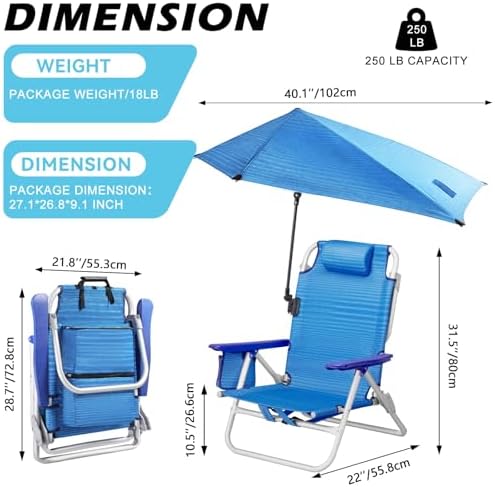 Beach Chair, Backpack Chairs for Adults with Adjustable Umbrella, Folding Beach Chairs with Storage Pouch, Cup Holder & Towel Rack, Adjustable Lounge Chair for Seaside, Blue