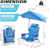 Beach Chair, Backpack Chairs for Adults with Adjustable Umbrella, Folding Beach Chairs with Storage Pouch, Cup Holder & Towel Rack, Adjustable Lounge Chair for Seaside, Blue