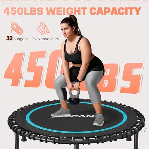 BCAN 450/550 LBS Foldable Mini Trampoline, 40"/48" Adult Fitness Trampoline with Bungees, U Shape Adjustable Foam Handle, Stable & Quiet Exercise Rebounder,Indoor/Outdoor Workout