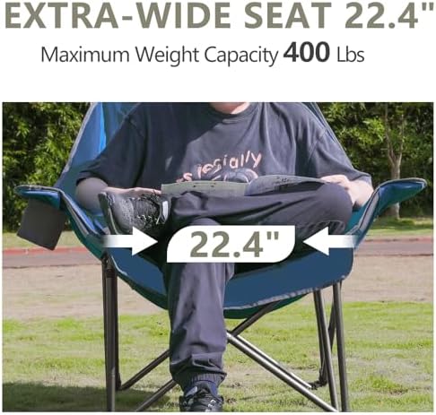 Oversized XL Padded Camping Chair Wide Heavy Duty Lawn Chairs Support 450 LBS Portable Folding Gaint Plus Camp Chair with Side Pocket Cup Holder for Outdoor Outside Sports Baseball Soccer-Blue