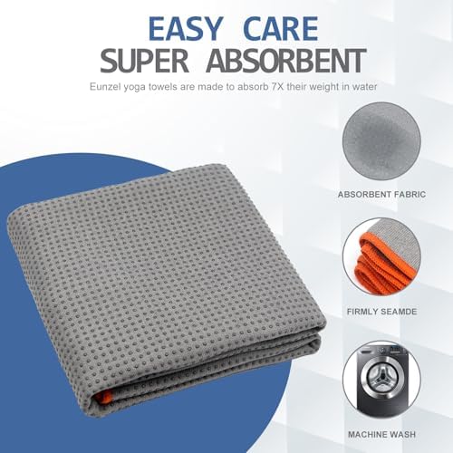 Eunzel Hot Yoga Towel - Microfiber Non Slip Yoga Mat Towel with Grip Dot Sweat Absorbent Towel for Hot Yoga, Pilates and Fitness 72" x 24", Grey/Orange