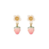 Pink Strawberry Flower Drop Earrings - Cute Enamel Fruit & Floral Stud Drop Earrings for Women, 18K Gold Plated Dainty Aesthetic Jewelry