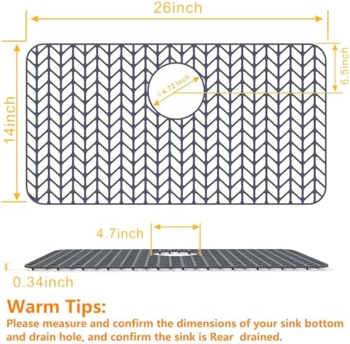 Sink Protectors for Kitchen Sink 16x12 & 18x12 & 19x13 & 24x12.5 & 26x14 & 28x14 & 29x15,Silicone Kitchen Sink mats Protector for Bottom of Farmhouse Sink(26"x14"Rear Drain Gray)