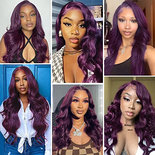 Colorful Bird Dark Purple Human Hair Wig Body Wave Deep Burgundy 13x4 Lace Front Wigs Grape Purple Glueless Wigs 180% Density for Women HD Transparent Lace Front Wigs 18 inch