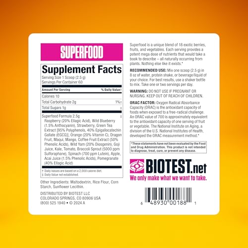 Biotest Superfood Powder Blend of 18 Whole Food Berries, Fruits, and Vegetables - Healthy Polyphenols, Antioxidants, Vitamins, Minerals - 60 Day Supply - 150 g