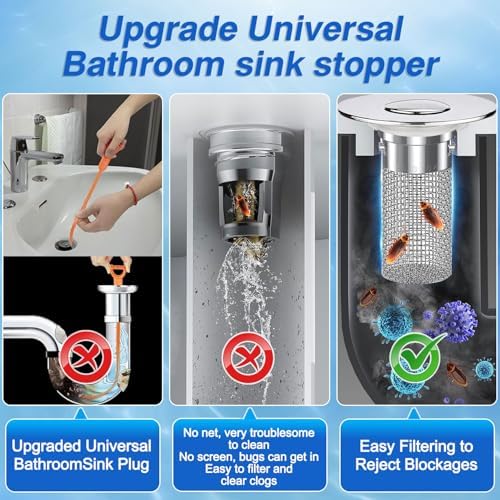 Bathroom Sink Drain Strainer, Pop-up Sink Drain Strainer with Removable Stainless Steel Strainer Basket Hair Catcher, Bathroom Sink Strainer for Bathroom Sink Stopper Replacement.(2PCS)