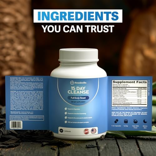 Rosabella 15 Day Cleanse – Full Body Detox & Colon Cleanse for Men & Women – Gut Cleanse Detox Pills for Digestive Health & Bloating Relief – Doctor-Formulated, Non-GMO, 30 Vegan Capsules