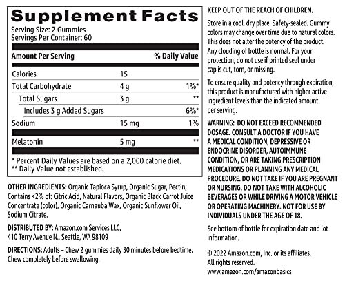 Amazon Basics Melatonin 5mg, Strawberry (Previously Solimo) 120 Gummies (2 per Serving) (Pack of 2)