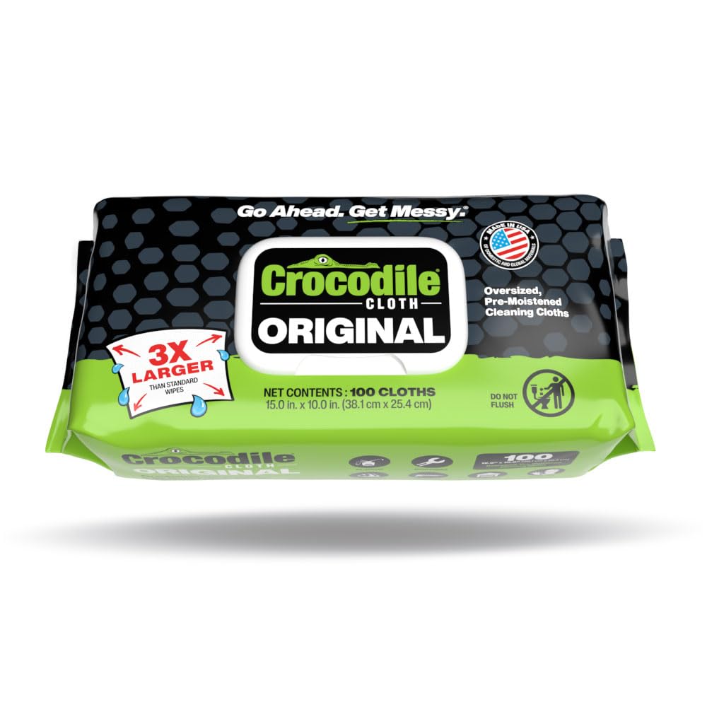 Crocodile Cloth Original Cleaning Wipes, Heavy-Duty Multi-Surface Hand & Tool Wipes, Water-Based, Safe on Skin, 100 Count, 15 x 10 Inch