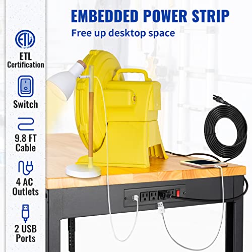 VEVOR 60" Adjustable Workbench, Heavay Duty Workstation 2000 LBS Load Capacity, with Power Outlets & Rubber Wood Top & Metal Frame & Foot Pads, for Workshop Office Home Garage