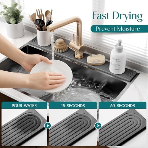 30 inch Kitchen Faucet Absorbent Mat - Diatomaceous Earth Splash Guard for Sink Faucet, Aesthetic Water Absorbing Stone Tray in The Modern Home [30" x 3.9", Dark grey]
