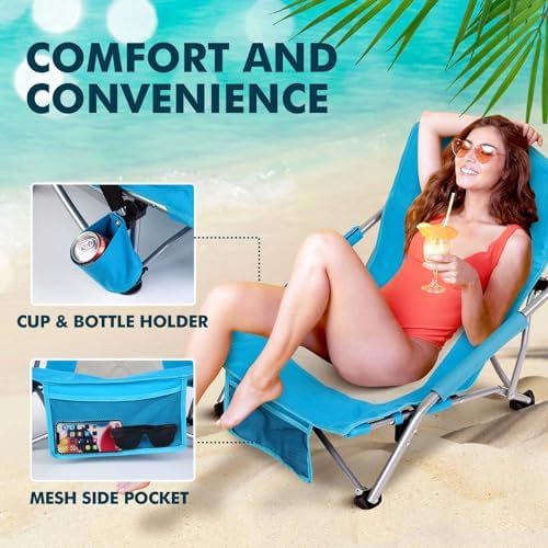 AKSOUL Folding Beach Chair for Adults: Low/High Back Chairs with Carry Bag - Extra Wide Seat Chair with Comfortable Pillow & Storage Pocket (1 Pack & 2 Pack, Blue)