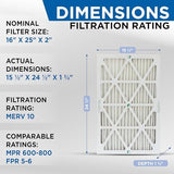 Glasfloss 16x25x2 MERV 10 (FPR 5-6) 2" Inch Pleated Air Filters Box of 6. Actual Size: 15-1/2 x 24-1/2 x 1-3/4