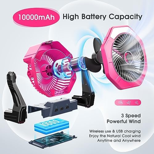 Ausic Portable Misting Fans for Outside, Outdoor Camping Fan with Water Spray 250ml, 8 Inch Batery Operated Rechargeable Fan, Cooling Fans with LED for Patios, Beach, Tents, Travel Summer Essential
