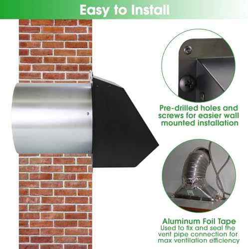 6 Inch Wall Vent Hood,Exterior Wall Exhaust Vent Cover,Dryer Vent Cover Outside with Screen and Damper,External Extractor Wall Vent Cap for Range Hood Kitchen Outdoor Air Vent,Galvanized Steel,Black